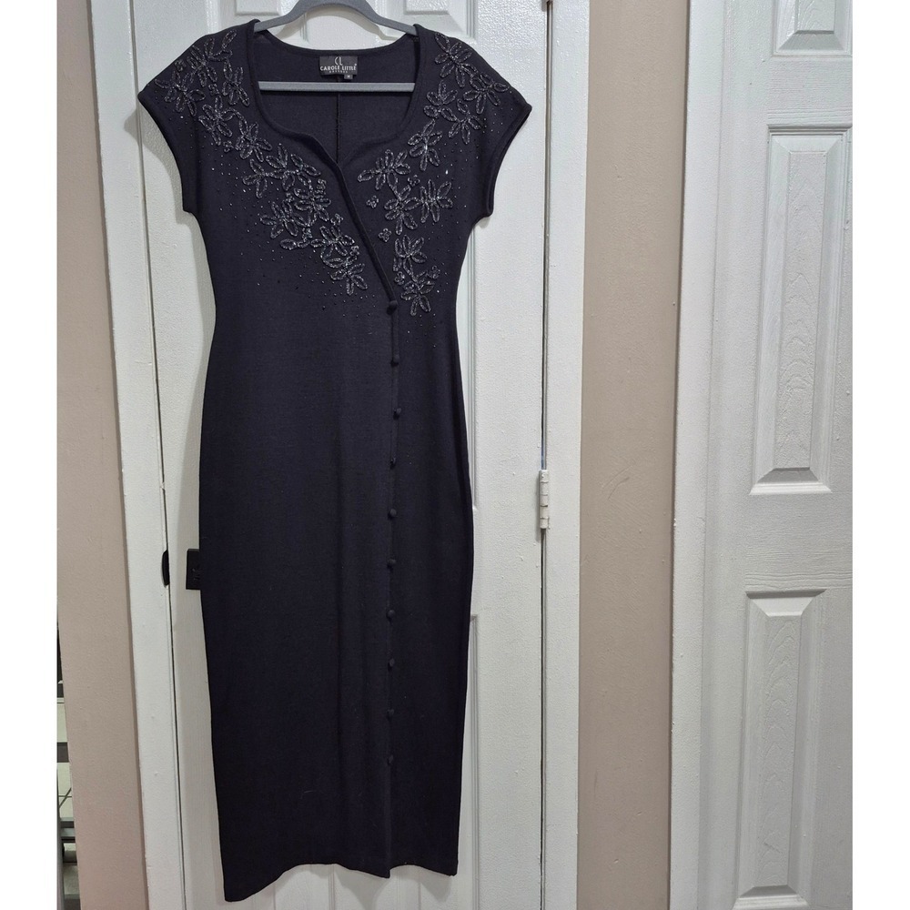 Carole Little Dresses Black Beaded Floral Knit Midi Dress Short Sleeve Womens M